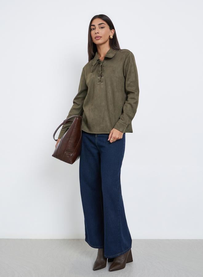 ستايلي قميص زيتي بتصميم شامواه ورباط أمامي - Image 3