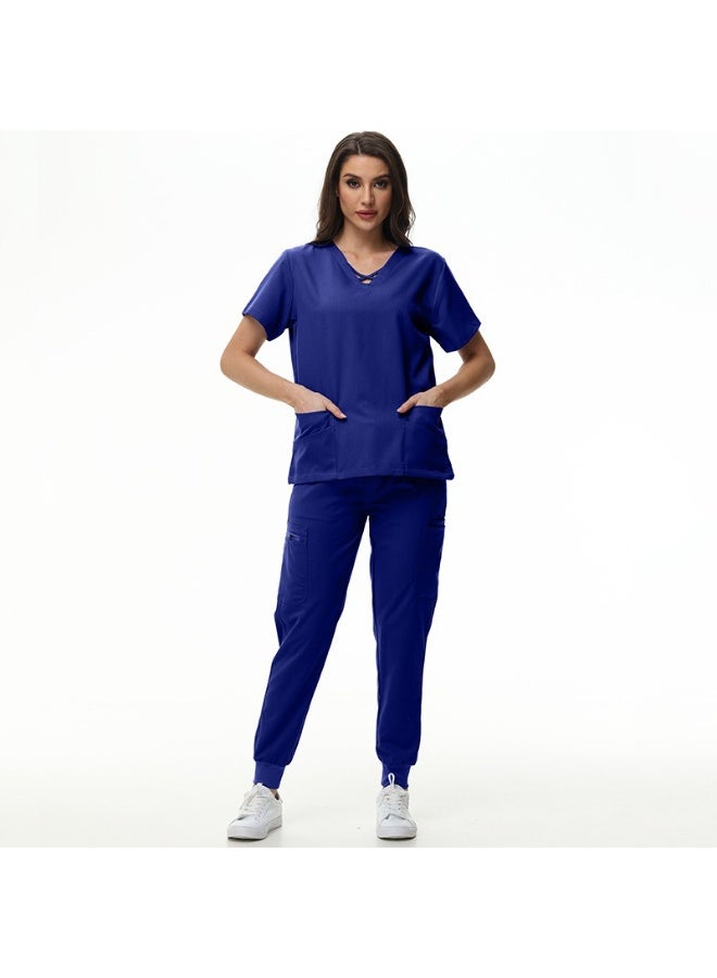 NIBEMINENT Scrubs Jogger Set Women Pet Hospital Doctor Uniform Solid Color Surgical Suits Multiple Pockets V-neck Dentist Clothes - Image 1