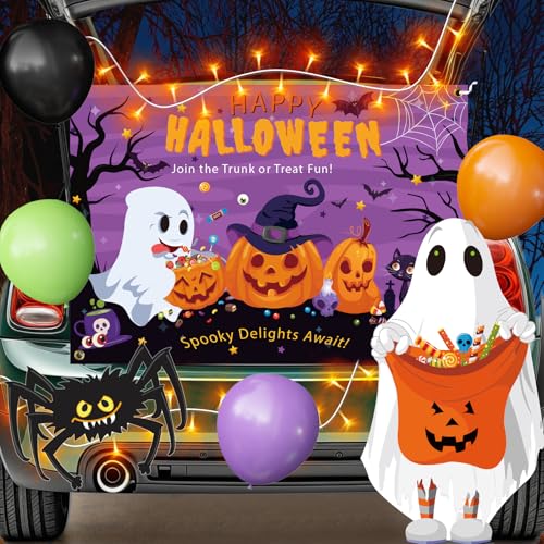 VABAMNA Halloween Trunk or Treat Car Decorations Kit for Suv, 36Pcs Happy Halloween Car Decorations with Lighted Backdrop Cute Ghost Spider Cutouts Balloons for Archway Garage Haloween Party Decor - Image 1