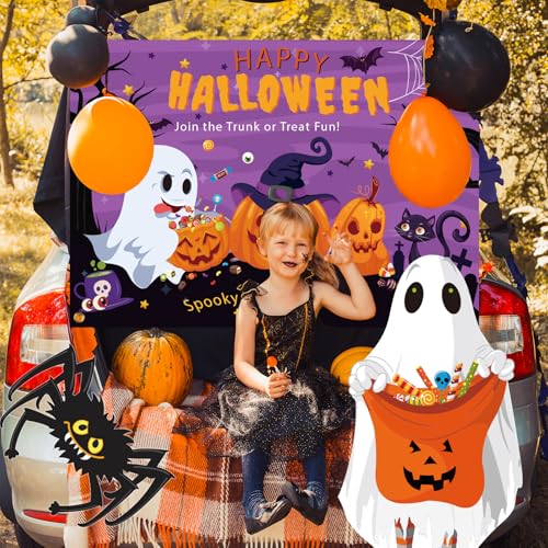 VABAMNA Halloween Trunk or Treat Car Decorations Kit for Suv, 36Pcs Happy Halloween Car Decorations with Lighted Backdrop Cute Ghost Spider Cutouts Balloons for Archway Garage Haloween Party Decor - Image 2