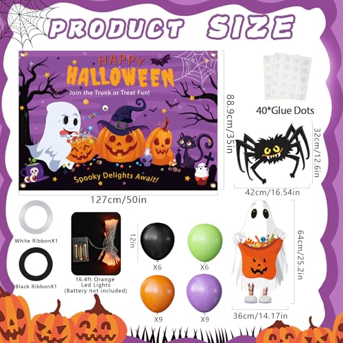 VABAMNA Halloween Trunk or Treat Car Decorations Kit for Suv, 36Pcs Happy Halloween Car Decorations with Lighted Backdrop Cute Ghost Spider Cutouts Balloons for Archway Garage Haloween Party Decor - Image 3