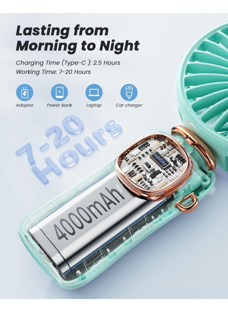 general Portable Handheld Fan, 4000mAh Battery Operated Fan with LED Display, Handheld/Neck/Desk 3 in 1 Personal Small Fans, 90° Foldable Desk Fan with Base, 5 Speed Makeup Lash Fan for Women Green - Image 4