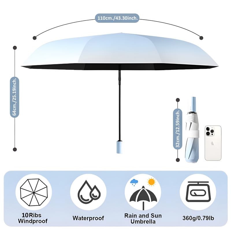 Contacts 2-Fold UV Sunshade – Compact Travel Accessory with UPF 50+ Protection, Auto Open/Close, Windproof 8-Rib Design | Stylish Waterproof Mini for Women, Men, Kids (Gradient Blue) - Image 2