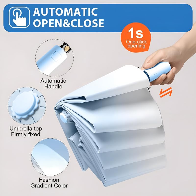 Contacts 2-Fold UV Sunshade – Compact Travel Accessory with UPF 50+ Protection, Auto Open/Close, Windproof 8-Rib Design | Stylish Waterproof Mini for Women, Men, Kids (Gradient Blue) - Image 4