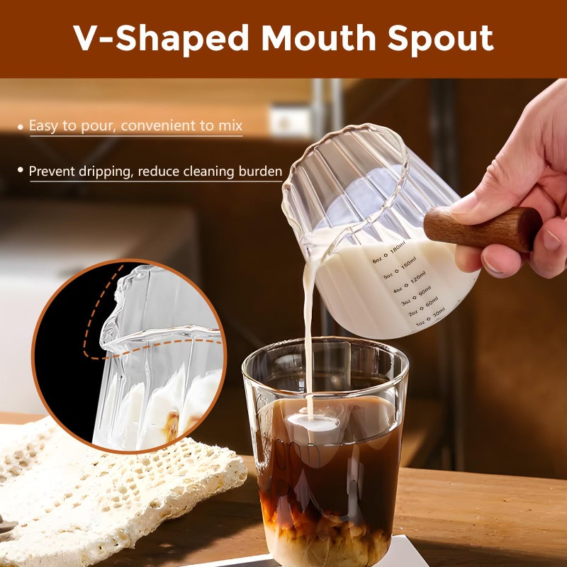 ‎YARRAMATE YARRAMATE 2 Pack 6 oz/180ML Glass Measuring Cup with Wooden Handle â€“ Espresso Shot Cups, Ribbed Milk Frothing Pitcher, Dual Scale Markings, V-Shaped Mouth for Easy Pouring, Dishwasher Safe - Image 4