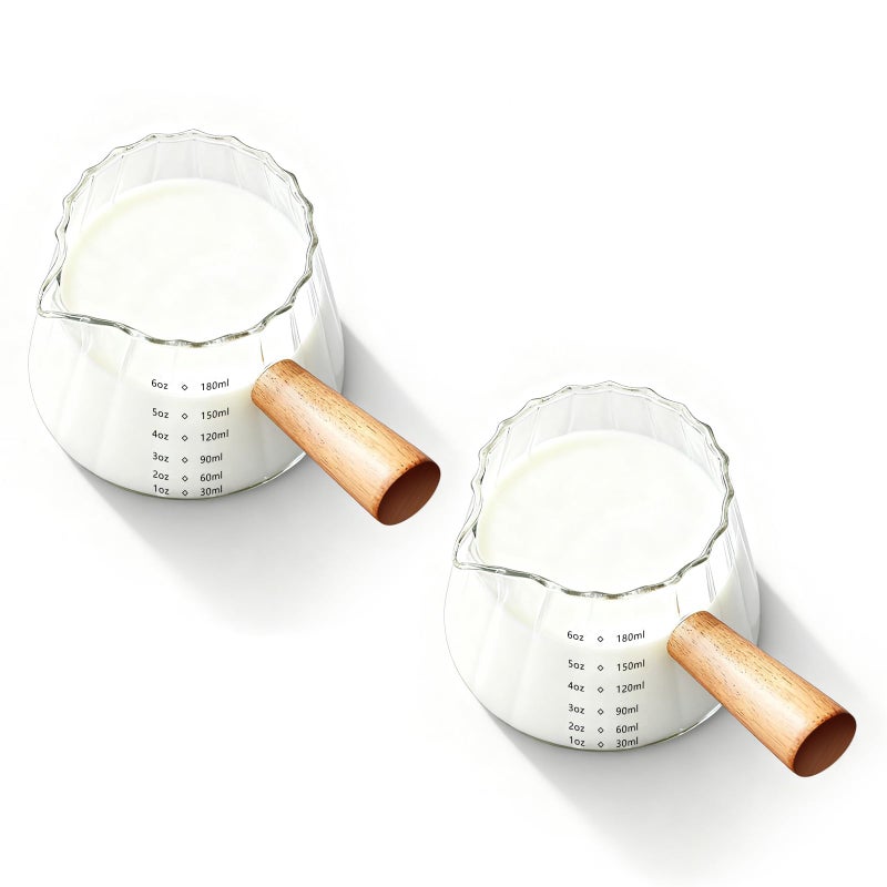 ‎YARRAMATE YARRAMATE 2 Pack 6 oz/180ML Glass Measuring Cup with Wooden Handle â€“ Espresso Shot Cups, Ribbed Milk Frothing Pitcher, Dual Scale Markings, V-Shaped Mouth for Easy Pouring, Dishwasher Safe - Image 1