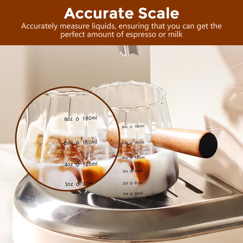 ‎YARRAMATE YARRAMATE 2 Pack 6 oz/180ML Glass Measuring Cup with Wooden Handle â€“ Espresso Shot Cups, Ribbed Milk Frothing Pitcher, Dual Scale Markings, V-Shaped Mouth for Easy Pouring, Dishwasher Safe - Image 5