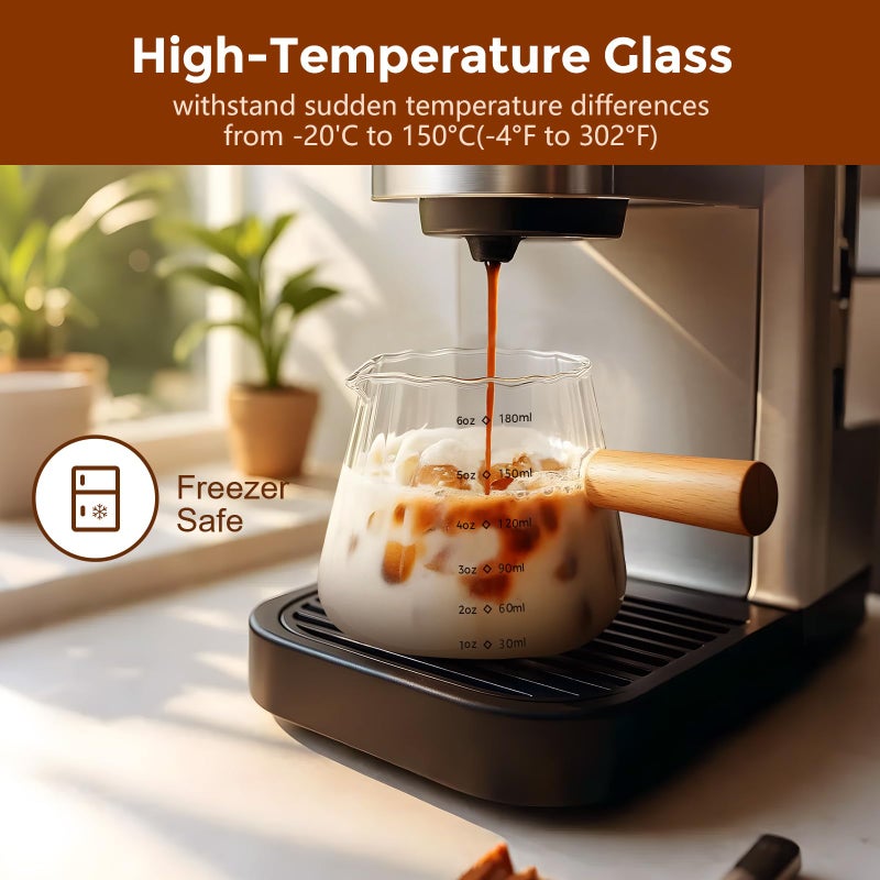 ‎YARRAMATE YARRAMATE 2 Pack 6 oz/180ML Glass Measuring Cup with Wooden Handle â€“ Espresso Shot Cups, Ribbed Milk Frothing Pitcher, Dual Scale Markings, V-Shaped Mouth for Easy Pouring, Dishwasher Safe - Image 3