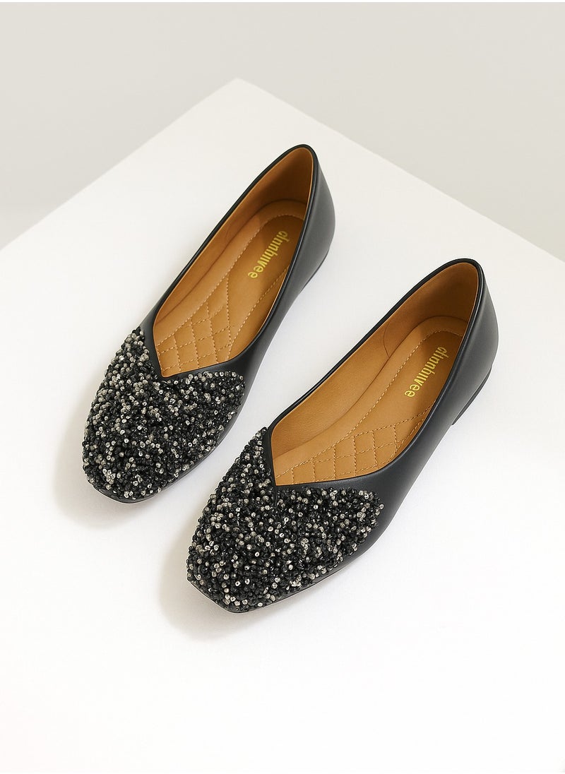 Square Toe Mary Jane Shoes with Rhinestone Detail  Flat Single Shoes Stylish and Versatile for Women