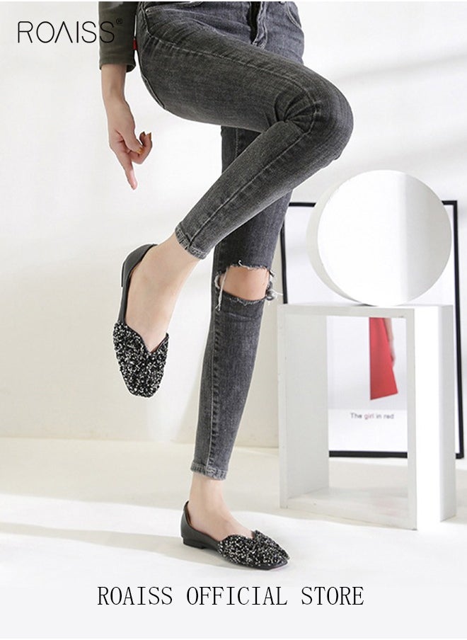 Square Toe Mary Jane Shoes with Rhinestone Detail  Flat Single Shoes Stylish and Versatile for Women