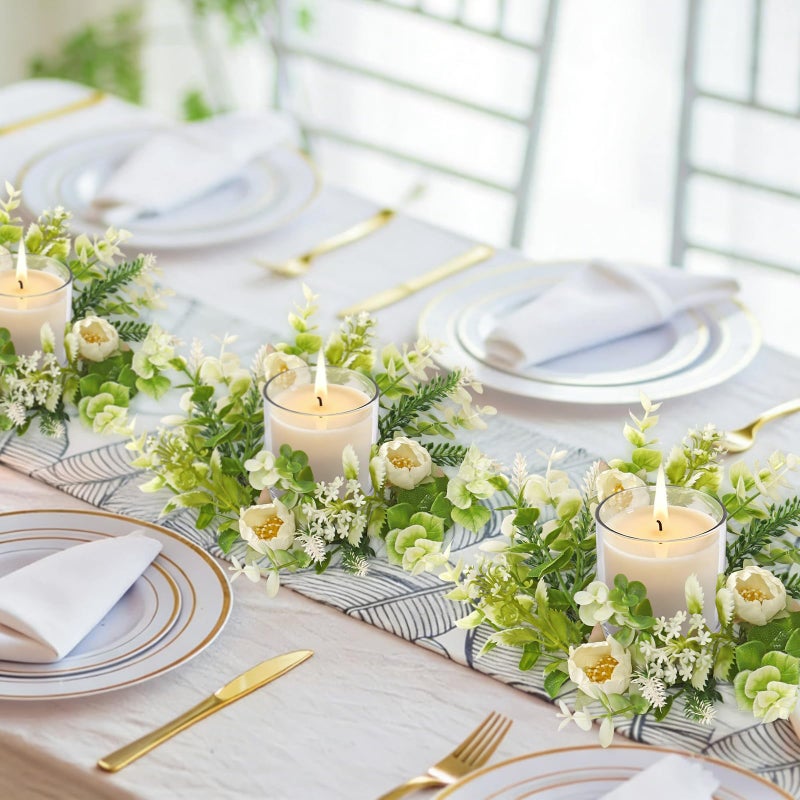 KHOYIME Floral Candle Rings Wreath 4PCS Small Spring Summer White Artificial Flowers Greenery Wreaths for Pillars, Mini Candle Holder Kitchen Cabinets Table Centerpieces Wedding Party Farmhouse Decor - Image 2