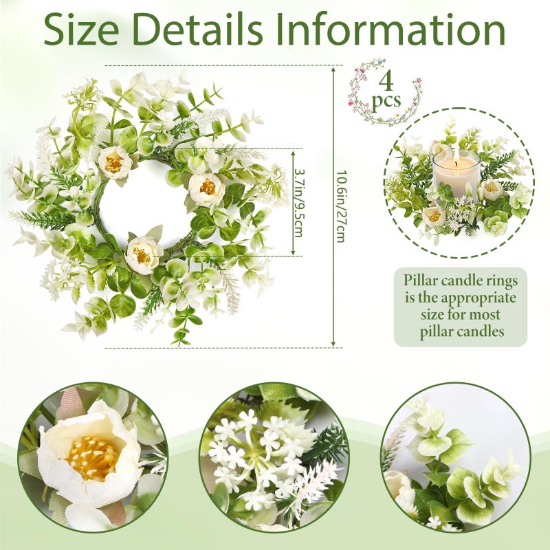 KHOYIME Floral Candle Rings Wreath 4PCS Small Spring Summer White Artificial Flowers Greenery Wreaths for Pillars, Mini Candle Holder Kitchen Cabinets Table Centerpieces Wedding Party Farmhouse Decor - Image 3