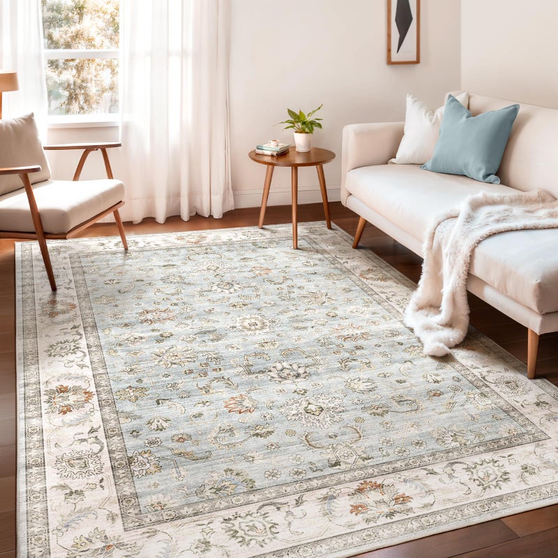 WITSHOCK 152 x 213 cm Washable Area Rug, Vintage Rug, Traditional Flooring, Boho Rug for Living Room, Bedroom, Kitchen, Accent Rug, Non-Slip, Stain Resistant, Light Blue - Image 1