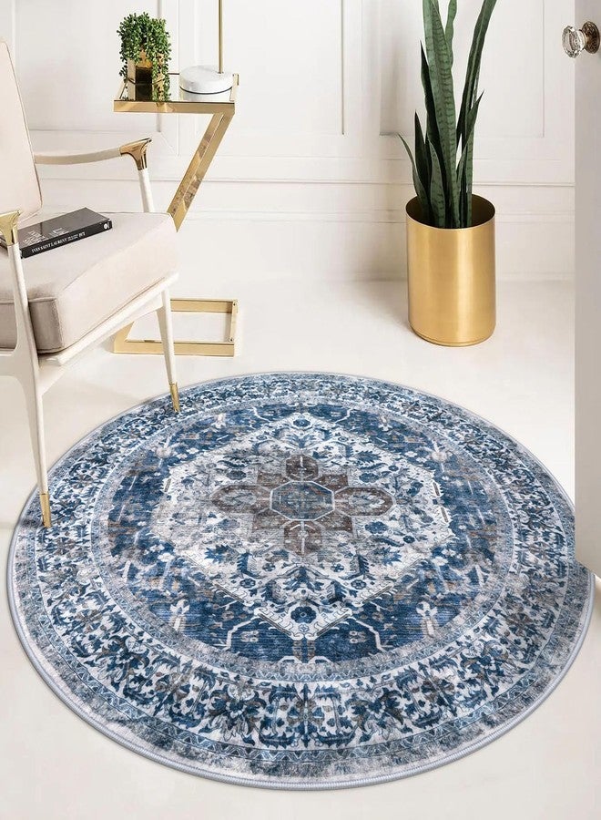 KOZYFLY سجادة دائرية من كوزيفلاي، مقاس 5 أقدام، مناسبة للمداخل، قابلة للغسل، مانعة للانزلاق، مصنوعة من الصوف الصناعي المطبوع، مناسبة للاستخدام الداخلي، سجادة أرضية للباب الخلفي، المدخل، غرفة النوم، لون أزرق - Image 5