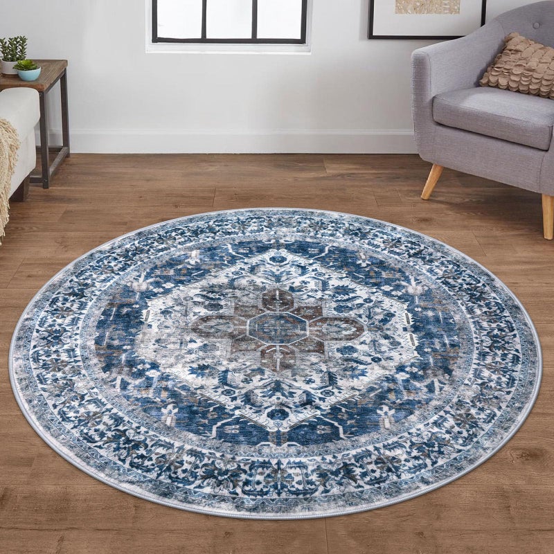 KOZYFLY سجادة دائرية من كوزيفلاي، مقاس 5 أقدام، مناسبة للمداخل، قابلة للغسل، مانعة للانزلاق، مصنوعة من الصوف الصناعي المطبوع، مناسبة للاستخدام الداخلي، سجادة أرضية للباب الخلفي، المدخل، غرفة النوم، لون أزرق - Image 1