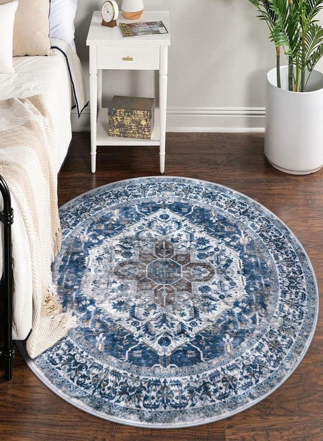 KOZYFLY سجادة دائرية من كوزيفلاي، مقاس 5 أقدام، مناسبة للمداخل، قابلة للغسل، مانعة للانزلاق، مصنوعة من الصوف الصناعي المطبوع، مناسبة للاستخدام الداخلي، سجادة أرضية للباب الخلفي، المدخل، غرفة النوم، لون أزرق - Image 2