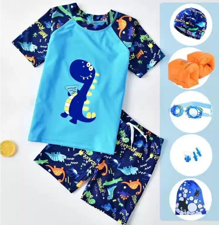 JAYATO Boys 7 PCS Dinosaur Swimsuit with Swimming Accessories, Quick-drying Swim Set with Top, Elastic Waist Shorts, Cap, Swimming Goggles, Nose Clip, Earplugs, 2-Pack Nflatable Ones Swim Aquatic Cuffs, Summer Bathing Suit for Water Aerobics, Convenient Swim Gear for Improving Technique, Ideal for Swimming Training & Learning, Rash Guard Swimsuits for Boys, 2XL, 110CM - 120CM - Image 1