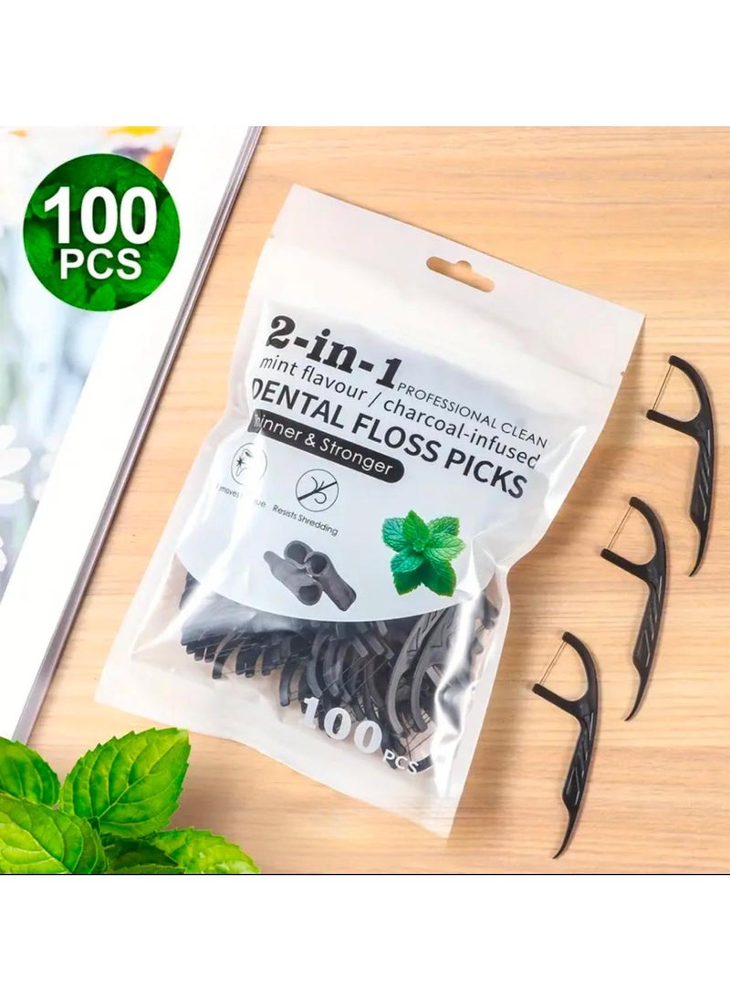 CleanWave - The Pure Effect 100-PCS, 2-in-1 Dental Floss Picks, Charcoal-Infused with Mint Flavour  - Image 1