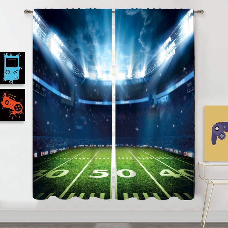 MESHELLY Sports American Football Stadium Arena Curtains 42W x 63H Inch Rod Pocket Field Night Spotlights Boys Kids Men Gaming Art Printed Living Room Bedroom Window Drapes Treatment Fabric 2 Panels