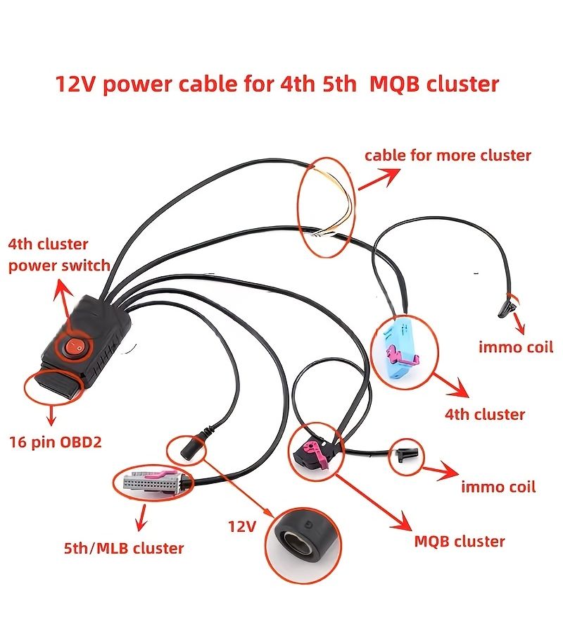 12V Power Cable For Turn On Instrument Cluster Testing MQB48 BCM2 ID48 Black Dashboard Cable - Image 2
