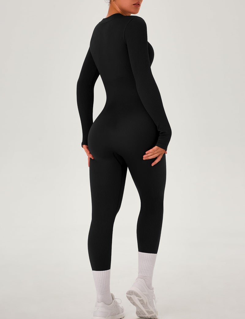 OLCHEE Womens Long Sleeve Workout Jumpsuit Seamless Ribbed Tummy Control Yoga Bodycon Zip Up One Piece Unitard Sculpt Rompers - Black Medium - Image 4