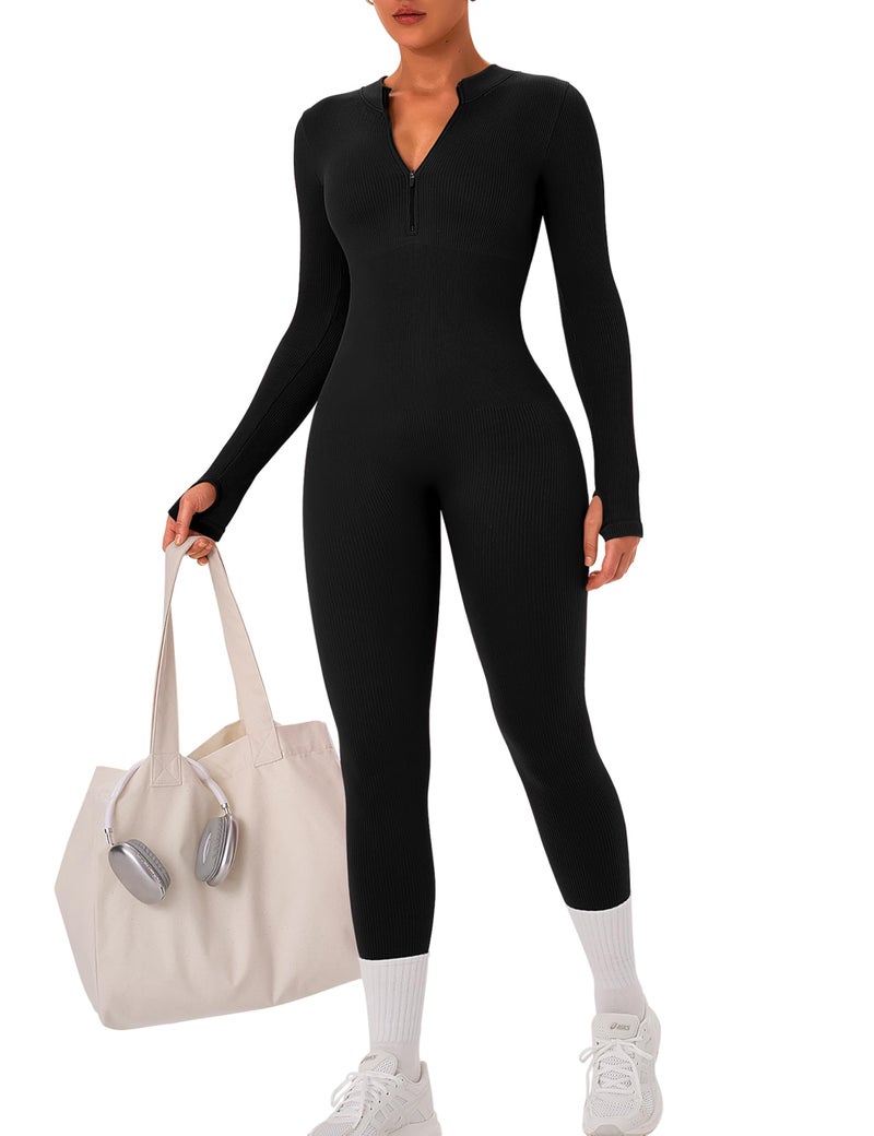 OLCHEE Womens Long Sleeve Workout Jumpsuit Seamless Ribbed Tummy Control Yoga Bodycon Zip Up One Piece Unitard Sculpt Rompers - Black Medium - Image 1