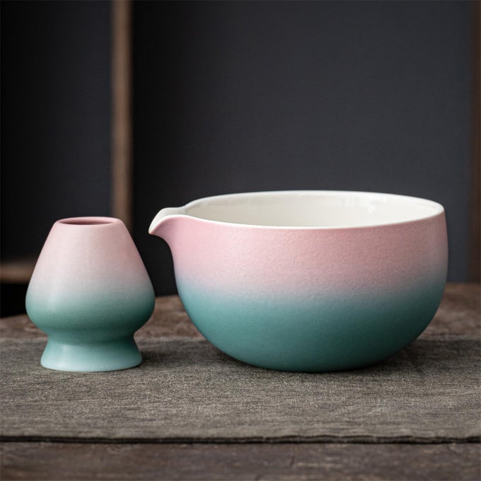 JAPANESE CERAMIC MATCHA CHAWAN 18OZ K11 GRADIENT PINK GREEN WHISK HOLDER INCLUDED