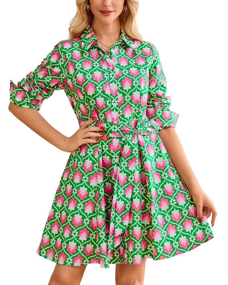 YEXPINE Women's Printed Button Down Shirt Dress Long Sleeve Collared V-Neck Belted Mini Dress with Pockets Green - Image 1