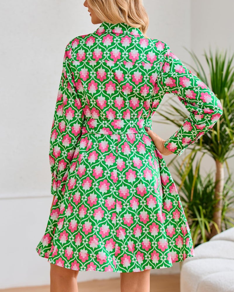 YEXPINE Women's Printed Button Down Shirt Dress Long Sleeve Collared V-Neck Belted Mini Dress with Pockets Green - Image 4