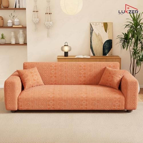 Lukzer 2 Seater Pastel Orange Tribal Pattern Sofa Cover | 240 GSM Universal Stretch Fit Jacquard Fabric Couch Protector | Fully Covered Anti Slip & Washable Sofa Cover (140-180cm/SC-074-02) - Image 4