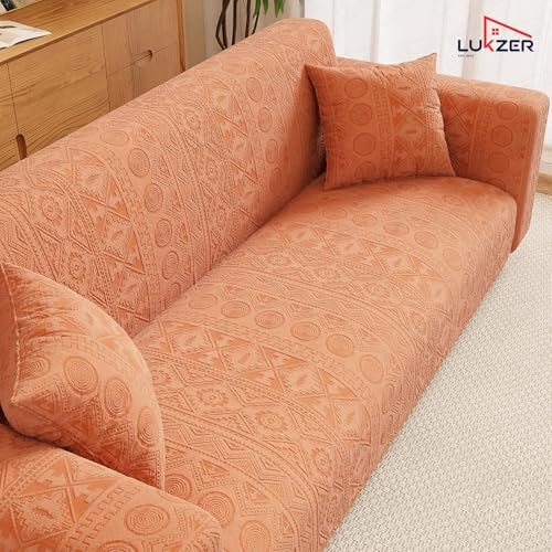 Lukzer 2 Seater Pastel Orange Tribal Pattern Sofa Cover | 240 GSM Universal Stretch Fit Jacquard Fabric Couch Protector | Fully Covered Anti Slip & Washable Sofa Cover (140-180cm/SC-074-02) - Image 3