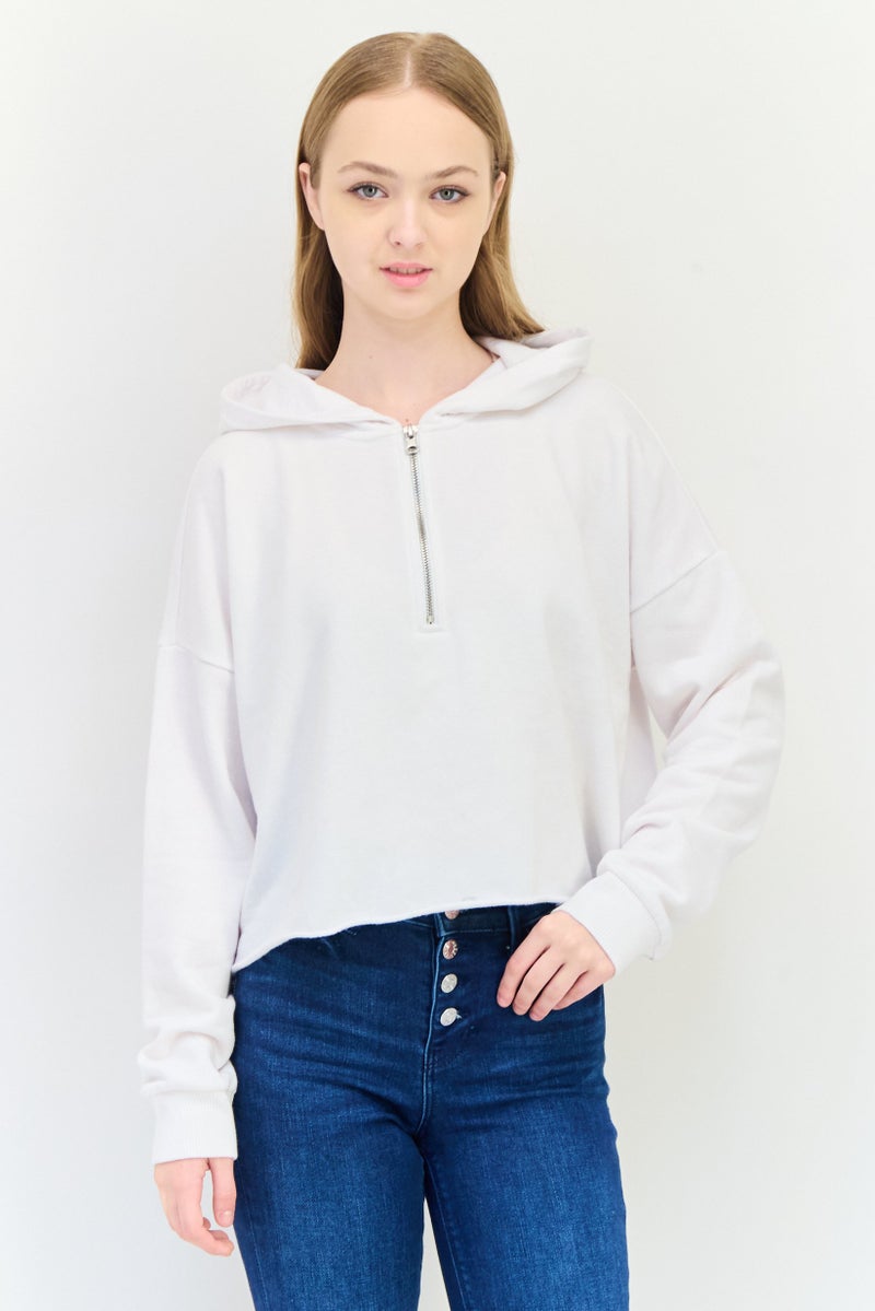 Aerie Women Hooded Half Zip Long Sleeve Sweatshirt, White - Image 1