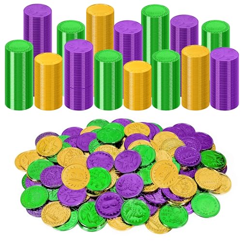 Fullive 300 PCS Mardi Gras Decorations 14 in Madi Gras Gold Coins Purple Gold Green Mardi Gras Coins Fake Coins Plastic Coins Mardi Gras Tokens Parade Costume Accessories Mardi Gras Party Decor - Image 1