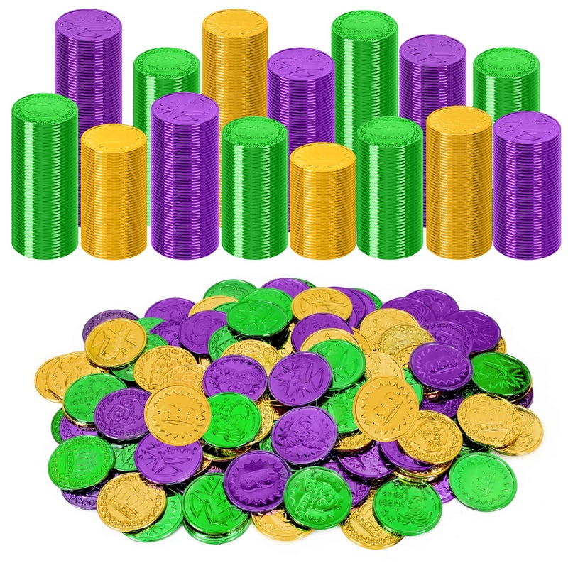 Fullive 300 PCS Mardi Gras Decorations 14 in Madi Gras Gold Coins Purple Gold Green Mardi Gras Coins Fake Coins Plastic Coins Mardi Gras Tokens Parade Costume Accessories Mardi Gras Party Decor - Image 3