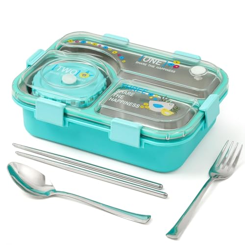 Brand Conquer Lunch Box 3 Compartment Leak-Proof BPA Free Stainless Steel for School, Lunch Box for School & Office with a Fork, a Spoon and a Pair of Chopsticks (Classic Blue, Happiness Kawaii) - Image 2