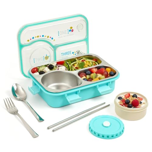 Brand Conquer Lunch Box 3 Compartment Leak-Proof BPA Free Stainless Steel for School, Lunch Box for School & Office with a Fork, a Spoon and a Pair of Chopsticks (Classic Blue, Happiness Kawaii) - Image 1