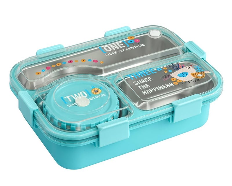 Brand Conquer Lunch Box 3 Compartment Leak-Proof BPA Free Stainless Steel for School, Lunch Box for School & Office with a Fork, a Spoon and a Pair of Chopsticks (Classic Blue, Happiness Kawaii) - Image 5