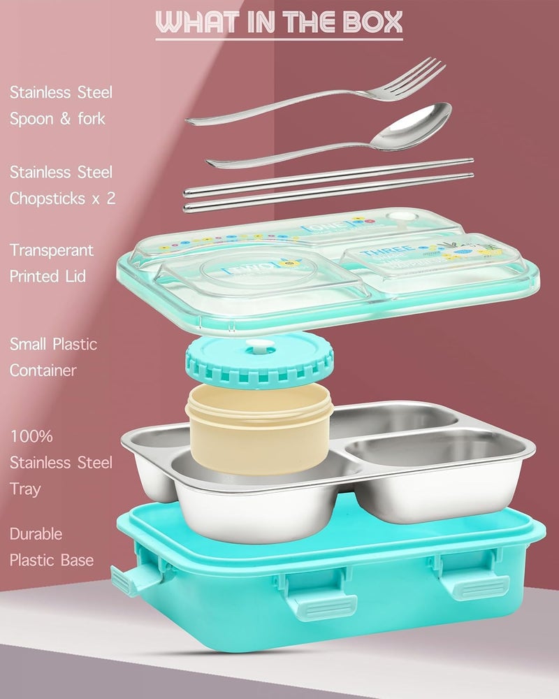 Brand Conquer Lunch Box 3 Compartment Leak-Proof BPA Free Stainless Steel for School, Lunch Box for School & Office with a Fork, a Spoon and a Pair of Chopsticks (Classic Blue, Happiness Kawaii) - Image 4