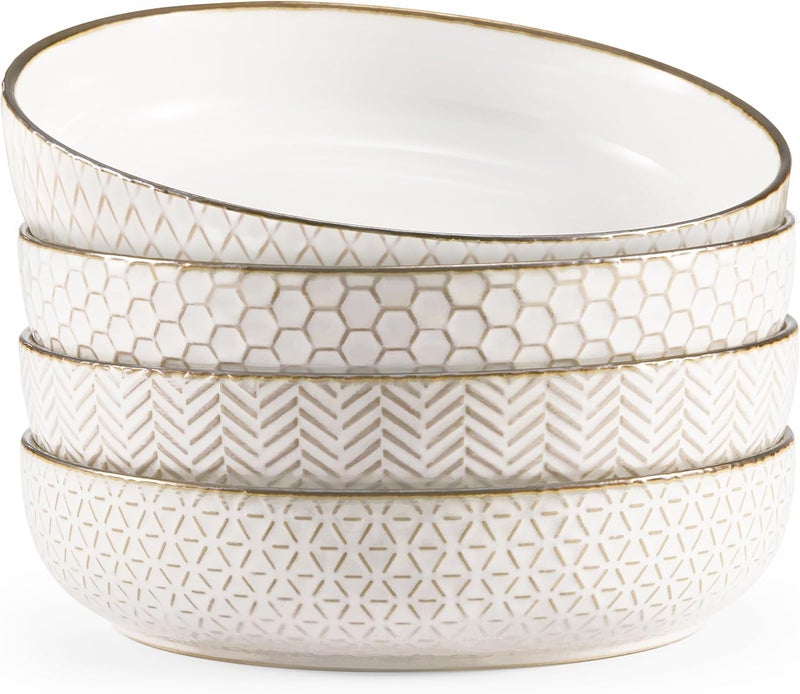 Kook أطباق باستا، خزف، أطباق تقديم مزخرفة للحساء والسلطات، سعة كبيرة، آمنة للاستخدام في الميكروويف وغسالة الصحون، عاجي مع لمسات نحاسية داكنة، مجموعة من 4، 40 أونصة، مجموعة ناربون - Image 1