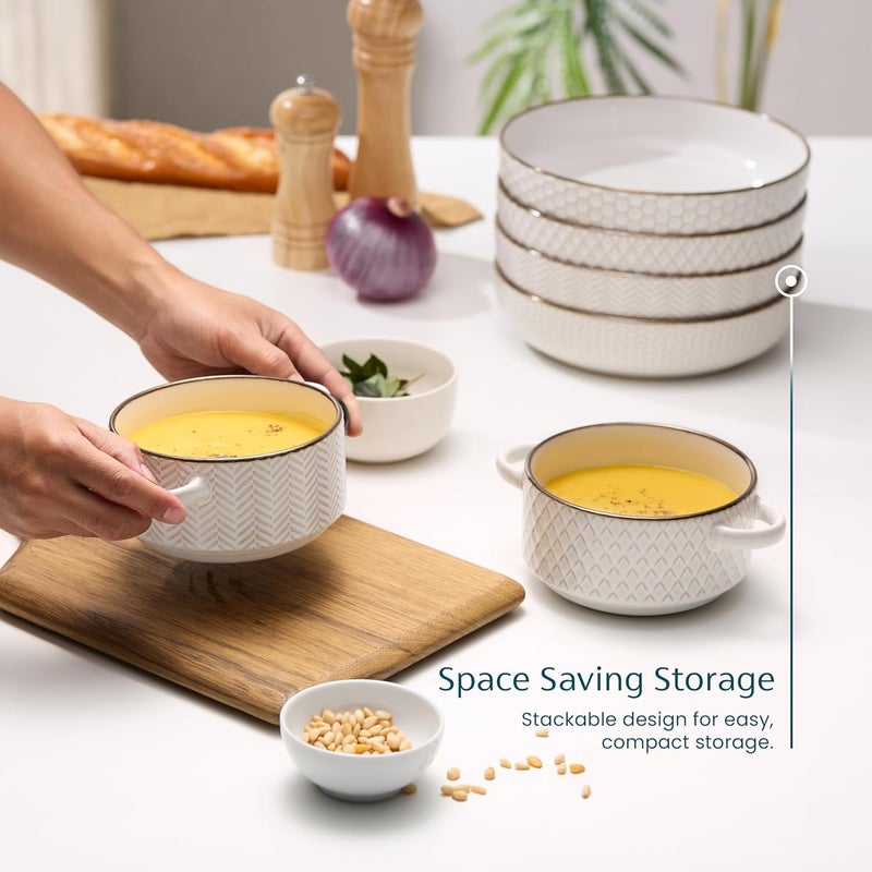 Kook أطباق باستا، خزف، أطباق تقديم مزخرفة للحساء والسلطات، سعة كبيرة، آمنة للاستخدام في الميكروويف وغسالة الصحون، عاجي مع لمسات نحاسية داكنة، مجموعة من 4، 40 أونصة، مجموعة ناربون - Image 3