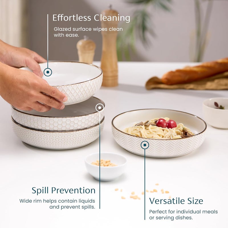 Kook أطباق باستا، خزف، أطباق تقديم مزخرفة للحساء والسلطات، سعة كبيرة، آمنة للاستخدام في الميكروويف وغسالة الصحون، عاجي مع لمسات نحاسية داكنة، مجموعة من 4، 40 أونصة، مجموعة ناربون - Image 2
