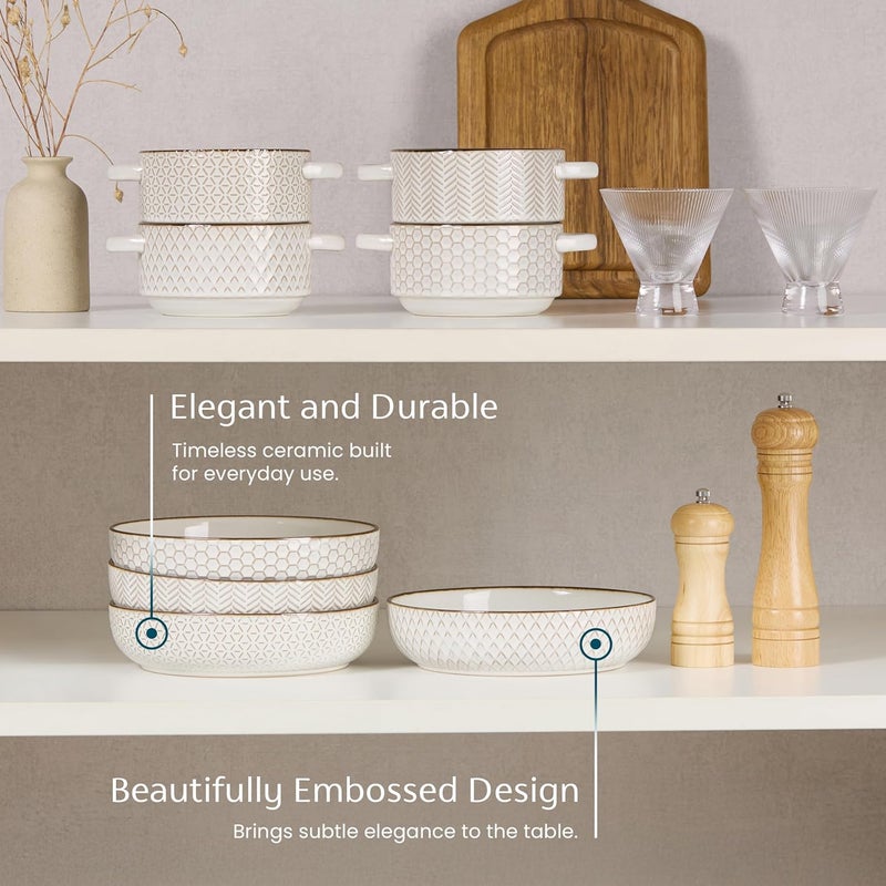 Kook أطباق باستا، خزف، أطباق تقديم مزخرفة للحساء والسلطات، سعة كبيرة، آمنة للاستخدام في الميكروويف وغسالة الصحون، عاجي مع لمسات نحاسية داكنة، مجموعة من 4، 40 أونصة، مجموعة ناربون - Image 4