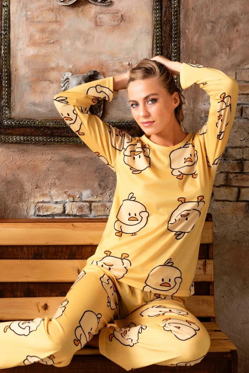 Mutlu City Chick Patterned Cotton Long Sleeve Women's Pajama Set 802645-YELLOW
