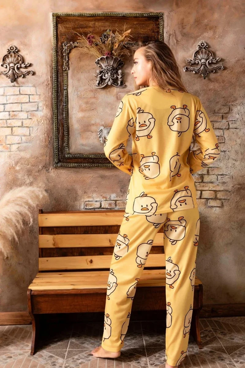 Mutlu City Chick Patterned Cotton Long Sleeve Women's Pajama Set 802645-YELLOW