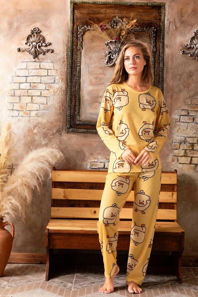 Mutlu City Chick Patterned Cotton Long Sleeve Women's Pajama Set 802645-YELLOW
