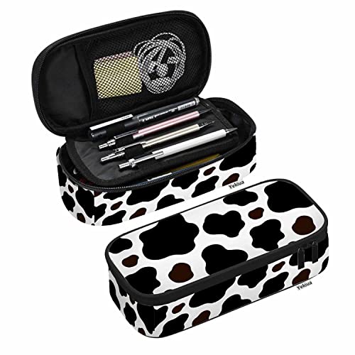 Yekiua Cow Pencil Holder Brown Black White Spotted Skin Fur Big Capacity Pencil Case Multi-Purpose Makeup Pouch For Office College Adult - Image 1