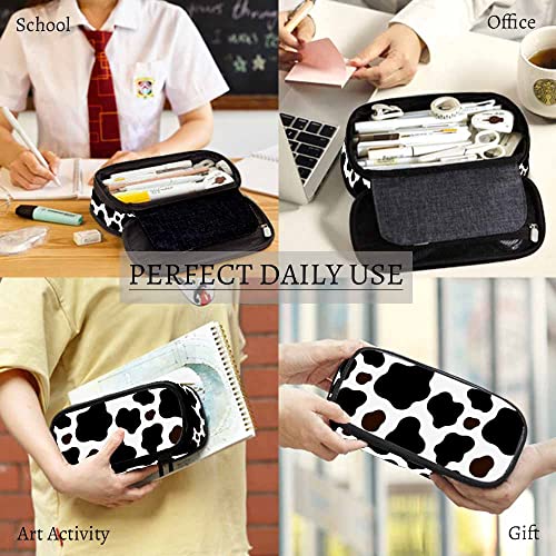 Yekiua Cow Pencil Holder Brown Black White Spotted Skin Fur Big Capacity Pencil Case Multi-Purpose Makeup Pouch For Office College Adult - Image 4
