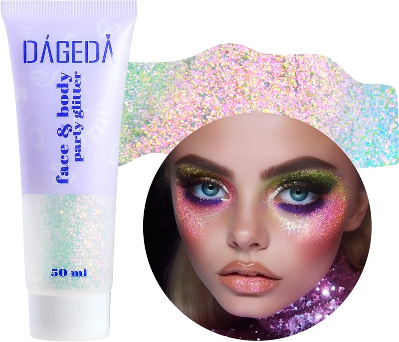 DAGEDA Body Glitter Gel, Holographic Face Glitters Body Gel Shimmer Liquid Eyeshadow, Color Changing Glitter for Face Hair Nails, Glitter Under Light Festival Glitter Makeup 1.7oz (Sparkling Pink)