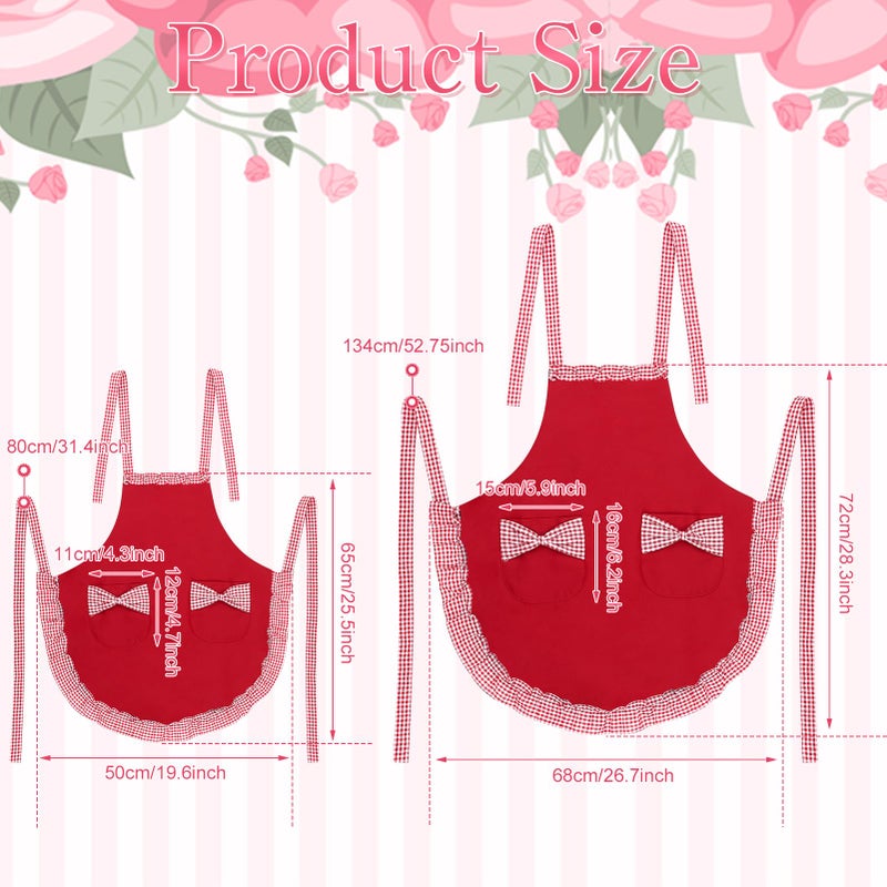 XLSXEXCL 2 Pack Parent and Child Aprons Set, Cute Sweet Bowknot Baking Apron, Retro Ruffle Side Design Cupcake Apron, Adjustable Kitchen Cooking Apron, One Size Fits Most Women and Children (Red) - Image 2