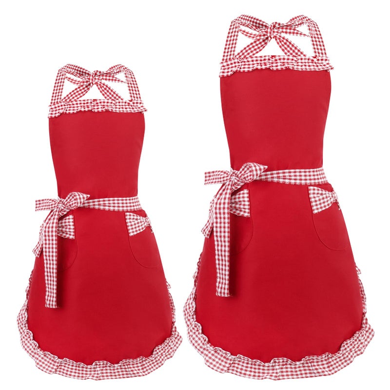 XLSXEXCL 2 Pack Parent and Child Aprons Set, Cute Sweet Bowknot Baking Apron, Retro Ruffle Side Design Cupcake Apron, Adjustable Kitchen Cooking Apron, One Size Fits Most Women and Children (Red) - Image 1